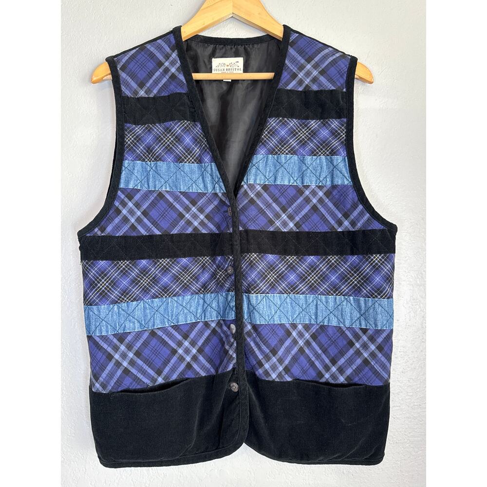 Vintage Susan Bristol Blue Black Plaid Patchwork Corduroy Vest Womens Large